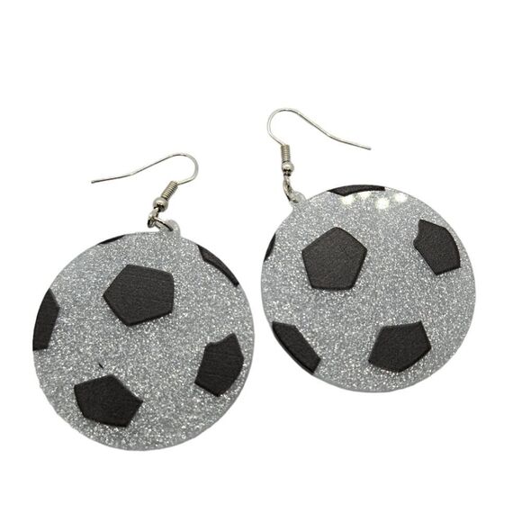 Soccer Ball Earrings Large Glitter Acrylic Dangle Pierced Sport Fan Jewelry - Picture 6 of 6